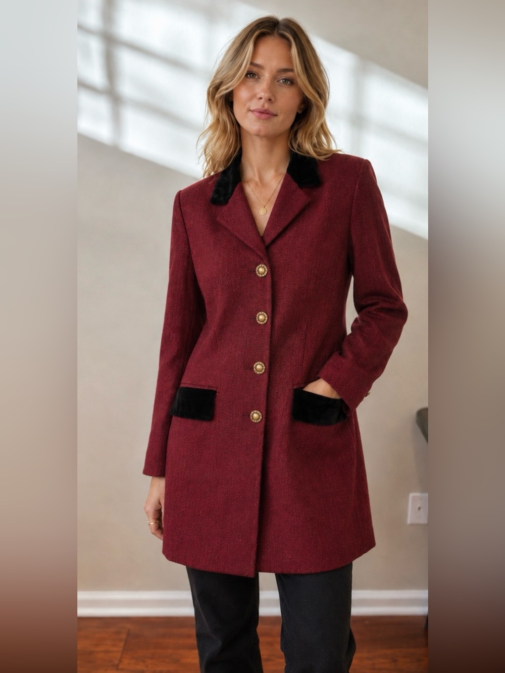 Vintage CHAUS Burgundy Herringbone Blazer Jacket with Black Velvet Accents - Picture 10 of 10